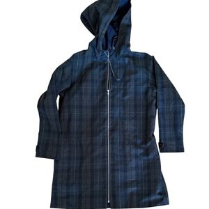 Makie Clothier Kids Plaid Hooded Zip Up Coat Navy Green 10Y Made in USA